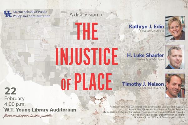Poster for Injustice of Place lecture, Feb 22 2024 4pm WT Young Auditorium