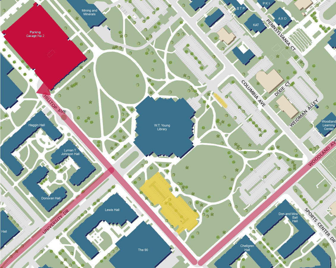 Ford Lecture Parking Map near WT Young Library color overlays showing Hilltop for VIPs and Rose St. Garage for all others