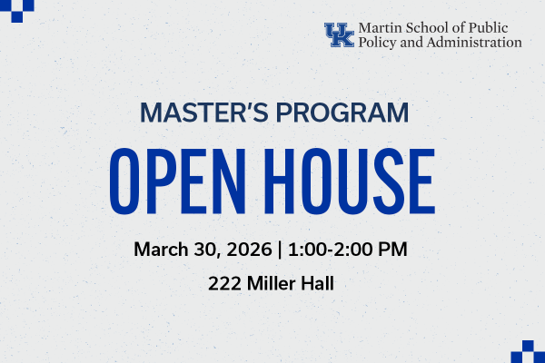 Graphic, grey background, with text that reads: Master's Program Open House, March 30 2026, 222 Miller Hall.