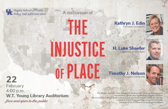 Poster for Injustice of Place lecture, Feb 22 2024 4pm WT Young Auditorium