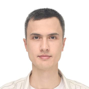 Portait photo of Dilshod Nurmetov - he is facing the camera head on and wearing a white t-shirt and button up shirt, background is white.